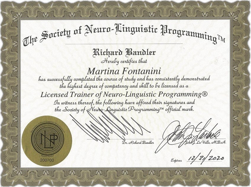 Certificazione di Martina Fontanini come PNL Practitioner